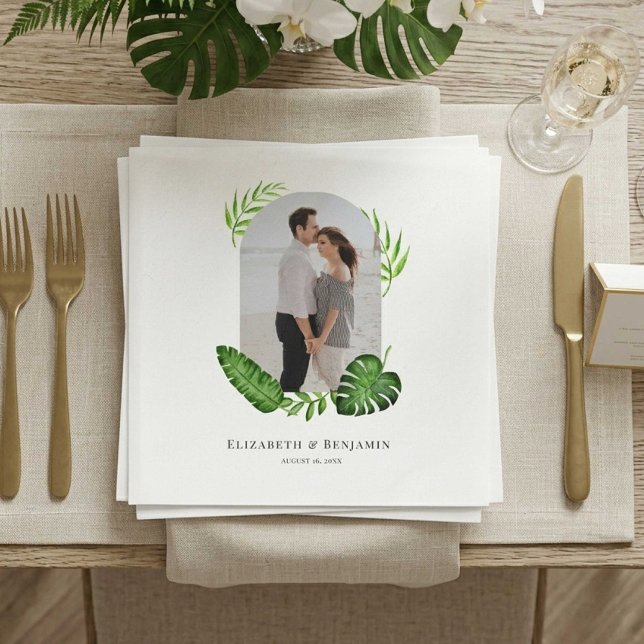 Servilleta De Papel Foto de Boda Tropical Verde Nombre Fecha Personali (Subido por el creador)