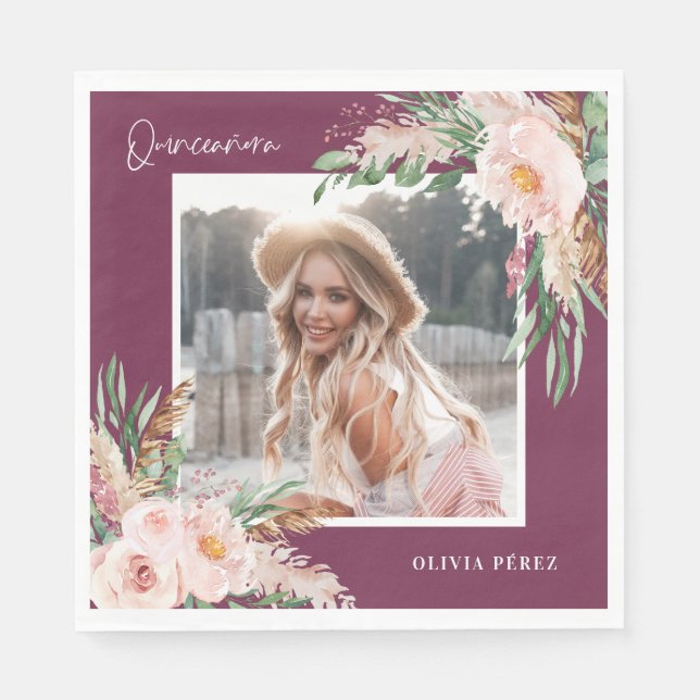Servilleta De Papel Foto de cumpleaños de Quinceañera morado giratorio (Anverso)