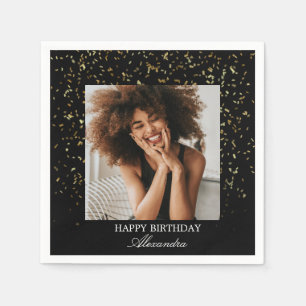 Servilleta De Papel Foto de cumpleaños elegante con confeti negro y do