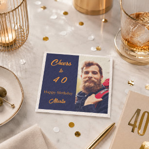Servilleta De Papel Foto de cumpleaños hombres brindis azul oro