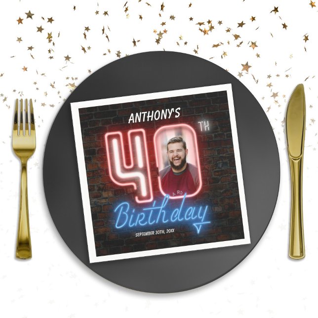 Servilleta De Papel Foto de Personalizado de Rótulo neón retro 40 años (80s Retro 40th Birthday Neon Sign Custom Photo Napkins)