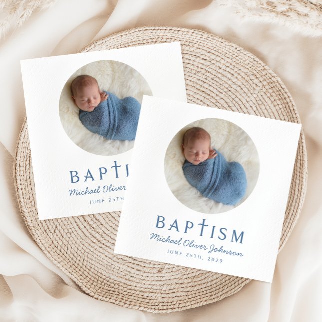 Servilleta De Papel Foto moderna Cruz Azul Baptismo de niño (Modern Photo Blue Cross Boy Baptism Napkins)