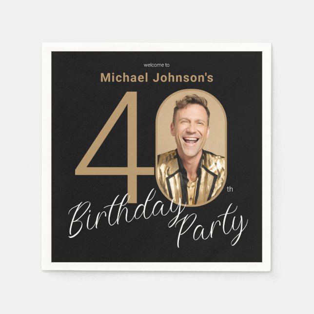 Servilleta De Papel Foto Oro Negro 40 cumpleaños (Anverso)