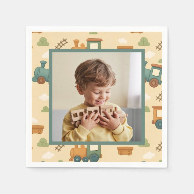 Servilleta De Papel Foto personalizada de cumpleaños de tren (Anverso)