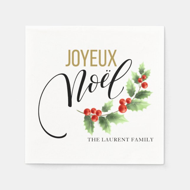 Servilleta De Papel Foto personalizada de Joyeux Noël Holly | NAVIDADE (Anverso)