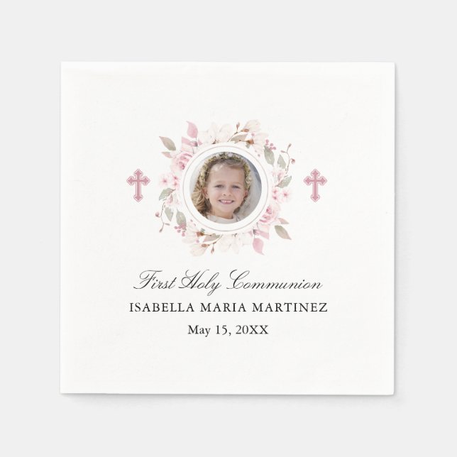 Servilleta De Papel Foto personalizada Primera Comunión Floral Rosa (Anverso)