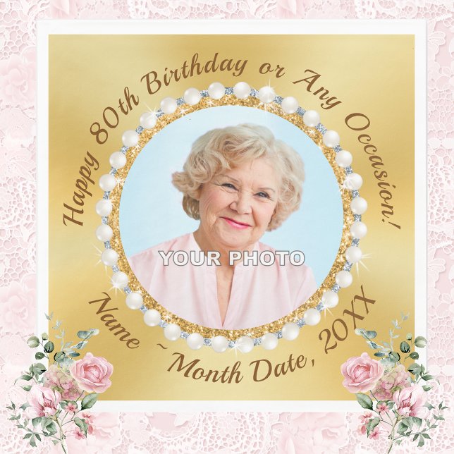 Servilleta De Papel Foto personalizada, servilletas de la fiesta de cu (Personalised, 80th Birthday Party Napkins, with her Photo. Nice, Mom's 80th Birthday Party. Ideas.)