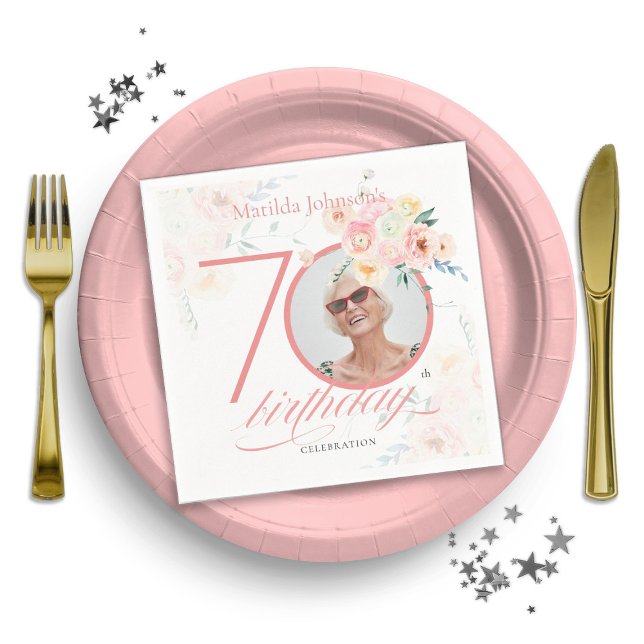 Servilleta De Papel Foto personalizado acuarela Floral rosa 70 cumplea (70th Birthday Pink Watercolor Flowers Custom Photo Napkins)