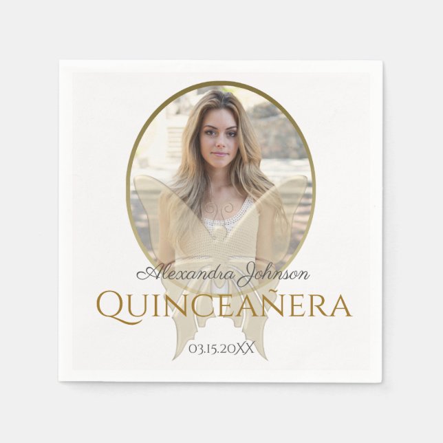 Servilleta De Papel Foto Quinceanera 15th Birthday Gold Butterfly (Anverso)