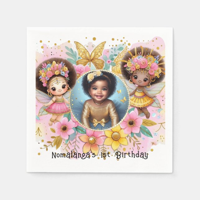 Servilleta De Papel Fotos Cumpleaños Pequeño Hada Negra Rosa Africano (Anverso)