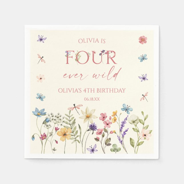 Servilleta De Papel Four Ever Wild Wildflower 4th Birthday Party (Anverso)