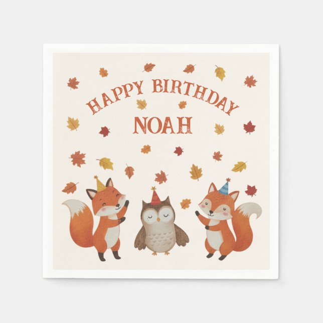 Servilleta De Papel Foxes and Owl Woodland Fall Kids Birthday Party (Anverso)
