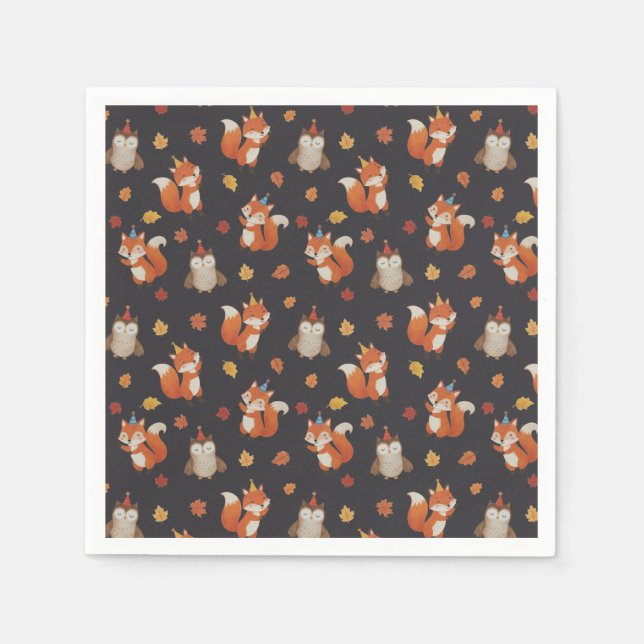 Servilleta De Papel Foxes and Owl Woodland Fall Kids Birthday Party (Anverso)
