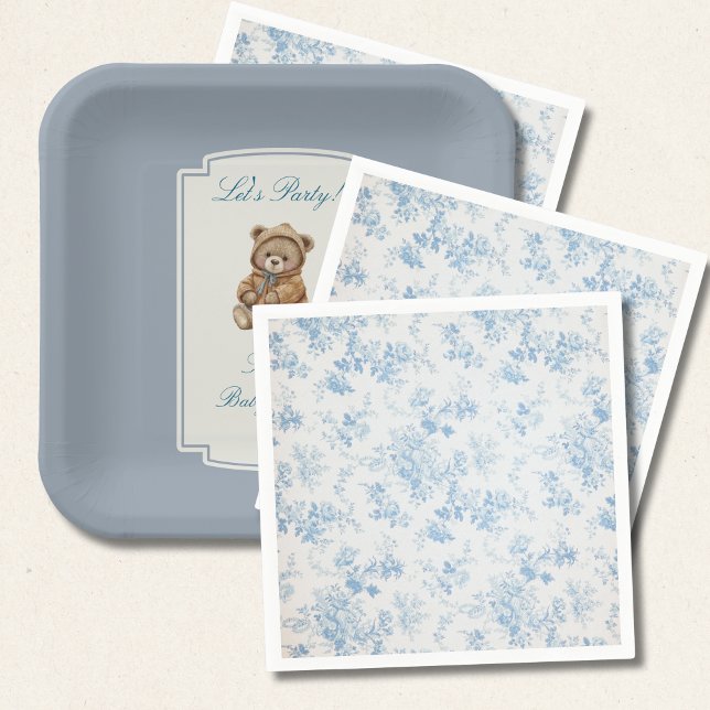 Servilleta De Papel French Toile Dusty Blue Floral Baby Shower (Subido por el creador)