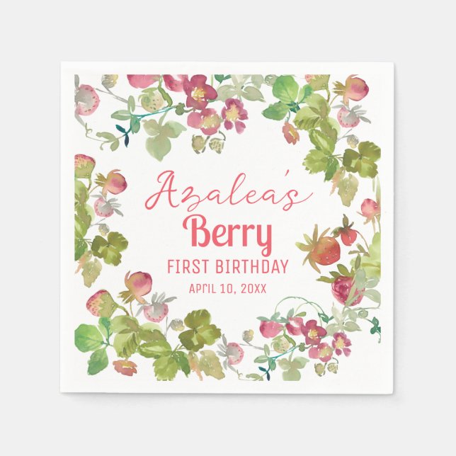 Servilleta De Papel Fresa Berry Fiesta de primer cumpleaños (Anverso)