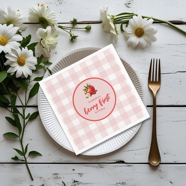 Servilleta De Papel Fresa Berry Primer Papel de Cumpleaños Napkin (Strawberry Berry First first birthday party paper napkins)