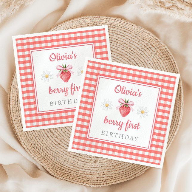 Servilleta De Papel Fresa Cumpleaños 1er Cumpleaños de Fresa  (Strawberry 1st Birthday Berry First Birthday Napkins)