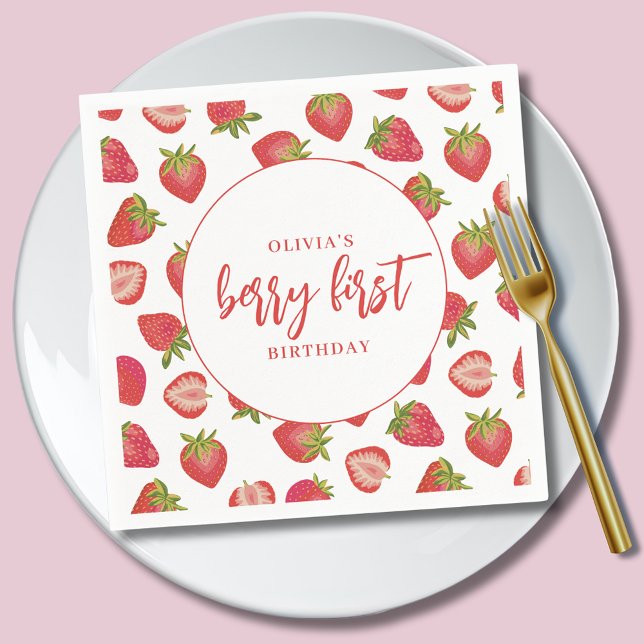 Servilleta De Papel fresa de los Chicas Berry First Birthday (Personalised girls paper napkins for berry first birthday party.)