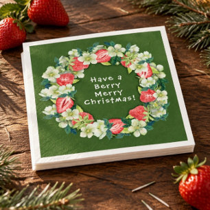 Servilleta De Papel (Fresa) Feliz Navidad en papel verde para cóctel