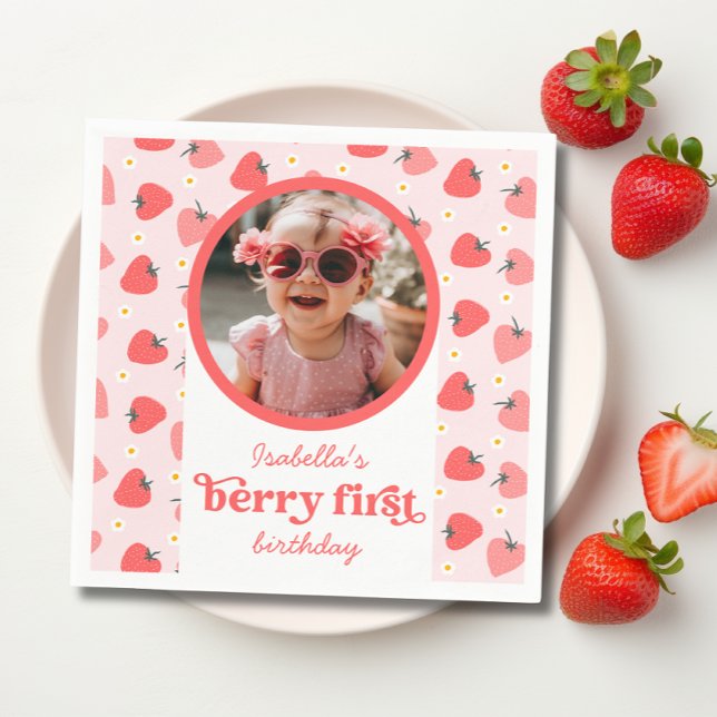 Servilleta De Papel Fresa primer cumpleaños Fiesta Berry primera foto (berry first birthday party napkins)