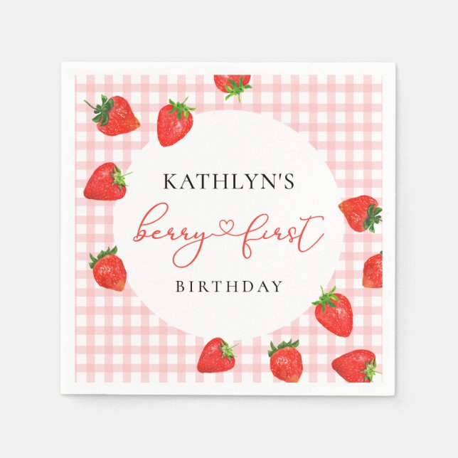 Servilleta De Papel Fresa Rosa Berry Primera Plaid Gingham Birthday (Anverso)