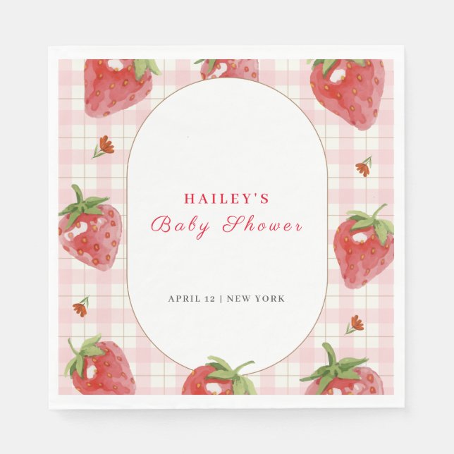 Servilleta De Papel Fresa rosa Berry Sweet Gingham Baby Shower (Anverso)