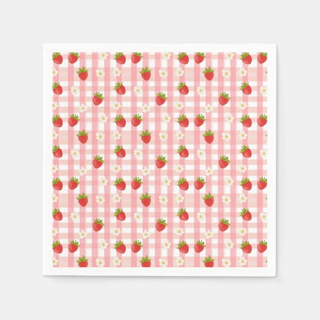 Servilleta De Papel Fresa y flores en un gingham rosa (Anverso)