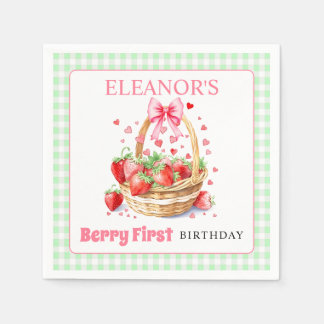 Servilleta De Papel Fresas menta gingham Berry Primer Cumpleaños