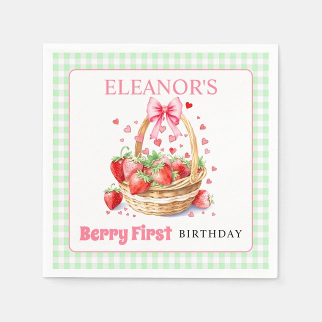 Servilleta De Papel Fresas menta gingham Berry Primer Cumpleaños (Anverso)