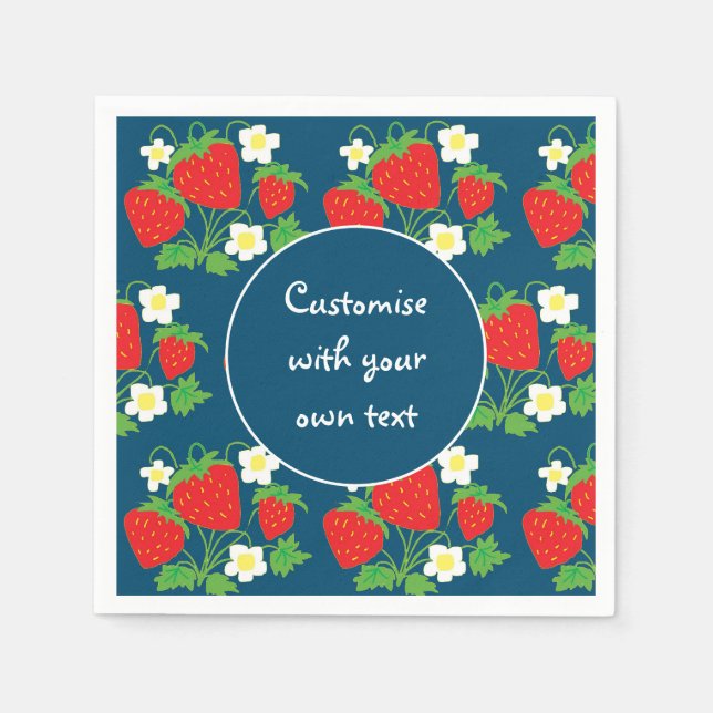 Servilleta De Papel Fresas y flores Personalizado azul Texto (Anverso)