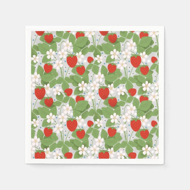 Servilleta De Papel Fresas y flores rosas y blancas (Anverso)