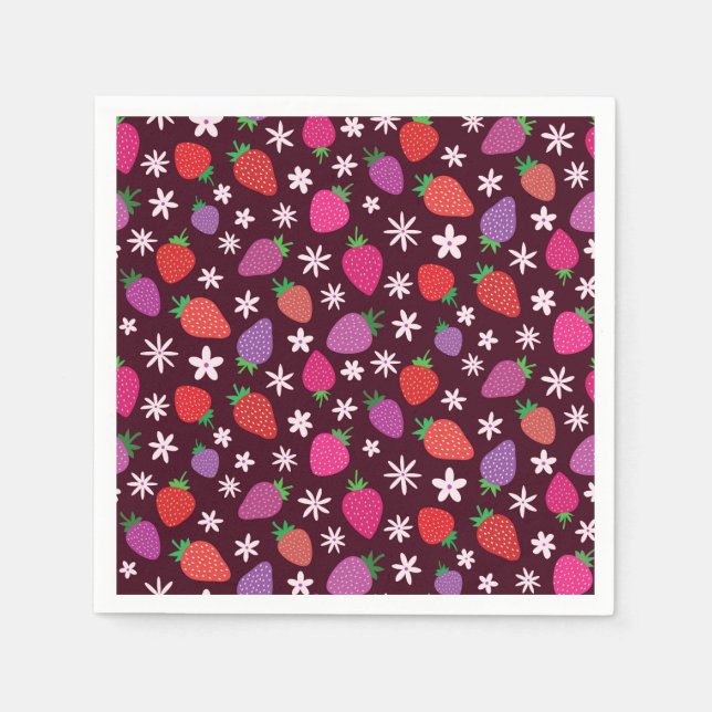 Servilleta De Papel Fresas y patrón de flores blancas (Anverso)