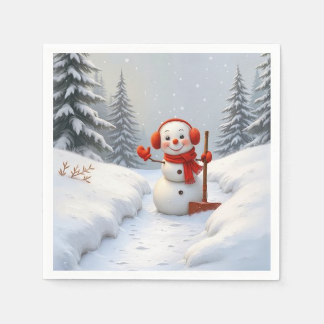Servilleta De Papel Friendly Snowman with a Red Shovel (Anverso)