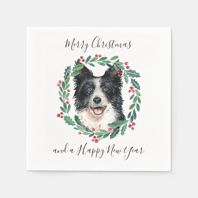 Servilleta De Papel Frontera Collie Elegante Perro Feliz Navidad (Anverso)