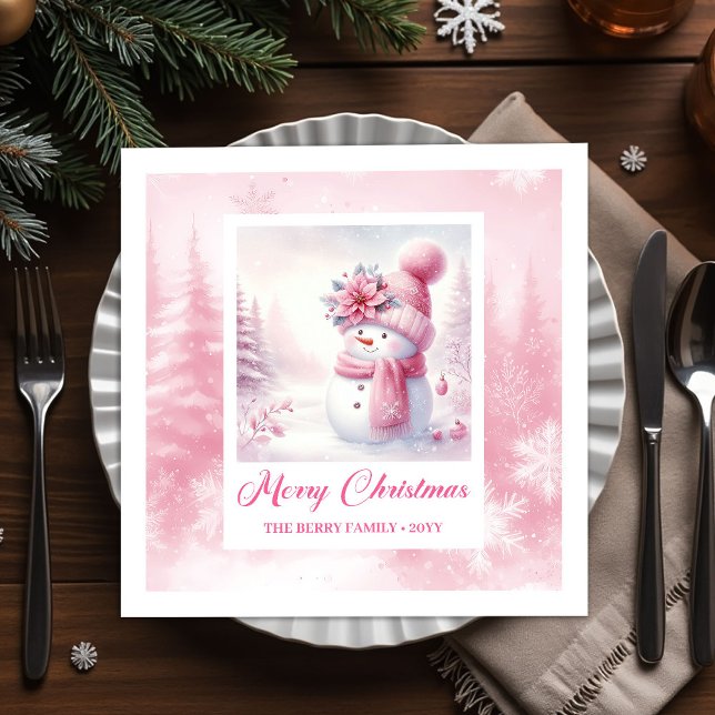 Servilleta De Papel Frosty Pink Snowman Winter Scene Christmas Napkins (Frosty Pink Snowman Winter Scene Christmas Napkins Kids)