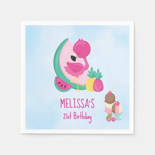 Servilleta De Papel Fruta tropical rosada Flamingo y helado cumpleaños (Anverso)