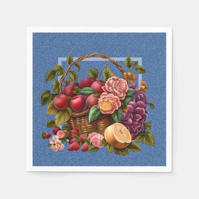 Servilleta De Papel Frutas Y Flores De Denim Azul (Anverso)