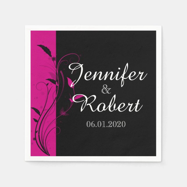 Servilleta De Papel Fuchsia Black Floral Filigree Boda Napkin (Anverso)
