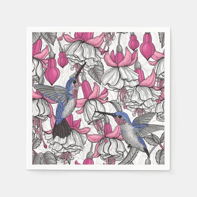 Servilleta De Papel Fuchsia blanca y colibríes (Anverso)
