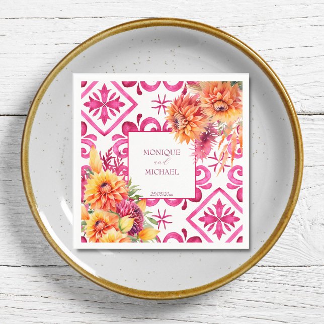 Servilleta De Papel Fuchsia Majolica azulejos naranja dahlia plantilla (Fuchsia pink Majolica tiles orange dahlia template Napkins personalized wedding tableware decor)