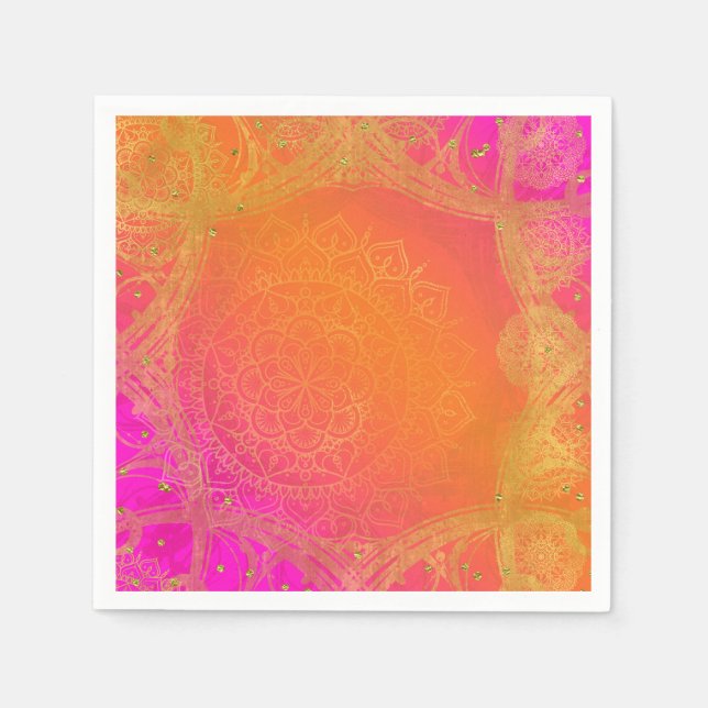 Servilleta De Papel Fuchsia Rosa Naranja y Dorado Mandala Fiesta Hindú (Anverso)