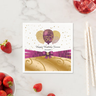 Servilleta De Papel Fuchsia Silk Ribbon Gold 50 cumpleaños y globos