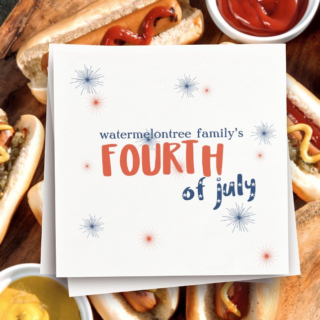 Servilleta De Papel Fuegos Artificiales del 4 de Julio Rojo Blanco y A (These napkins are sure to make your celebration pop! Just add your family name and Happy Fourth!)