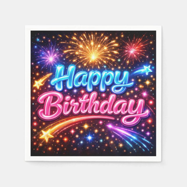Servilleta De Papel Fuegos artificiales y estrellas de cumpleaños feli (Anverso)