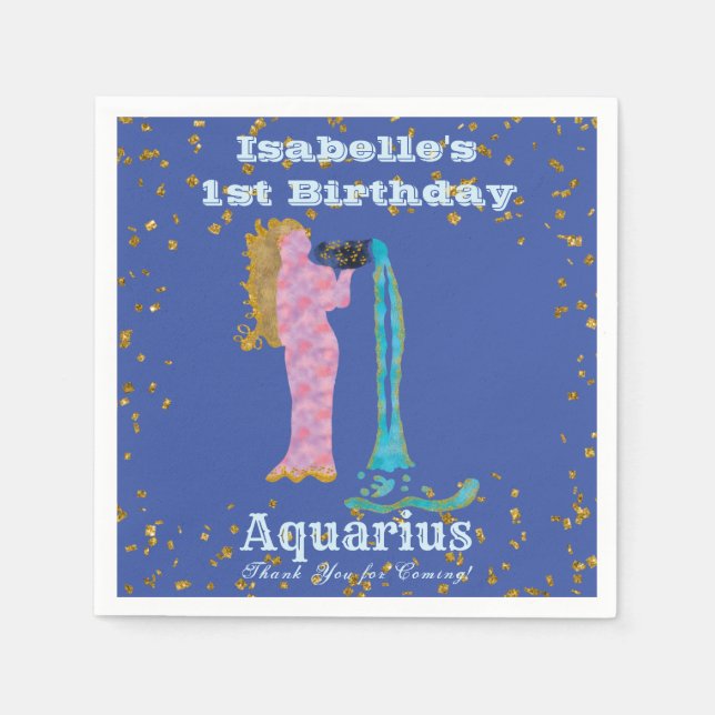 Servilleta De Papel Fun Aquarius Primer Cumpleaños & Gold Confetti (Anverso)