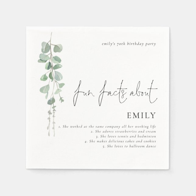 Servilleta De Papel Fun Facts Eucalyptus Script 70 cumpleaños (Anverso)