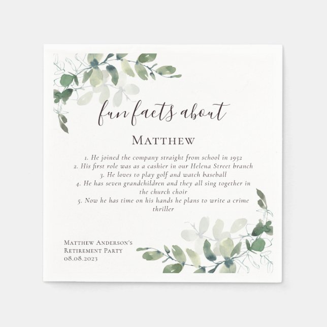 Servilleta De Papel Fun Facts Eucalyptus Script Retirement Fiesta (Anverso)