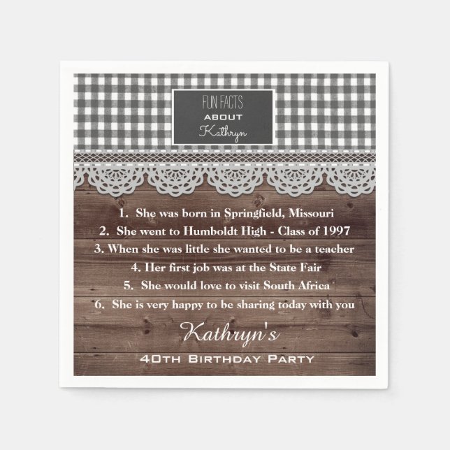 Servilleta De Papel Fun Facts Rustic Birthday Party (Anverso)
