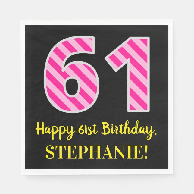 Servilleta De Papel Fun Pink Stripes "61"; Feliz cumpleaños número 61; (Anverso)