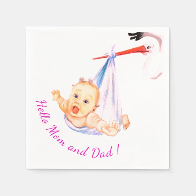 Servilleta De Papel Funny Napkins Stork Cargando Bebé - Personalizado  (Anverso)